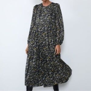 NEW ZARA Black and Gold Metallic Floral Long Sleeve Tiered Midi Dress